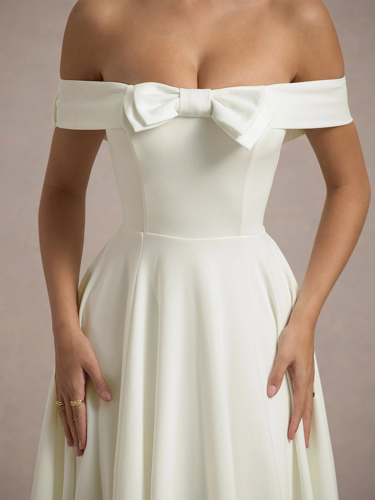 Calliopia | Cream Bow Bardot Midi Dress With Puff-Ball Skirt 7