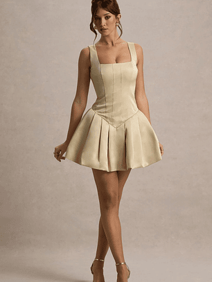 Bramble | Ivory Satin Square-Neck Puffball Mini Dress