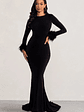 Betty | Black High Neck Long Sleeve Maxi Dress with Feather Cuffs - thumbnail 1