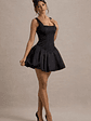 Bramble | Black Satin Square-Neck Puffball Mini Dress - thumbnail 4