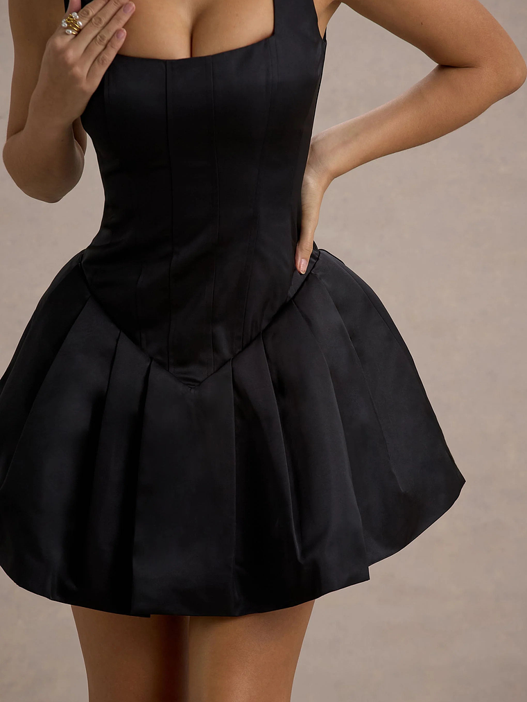 Bramble | Black Satin Square-Neck Puffball Mini Dress 5