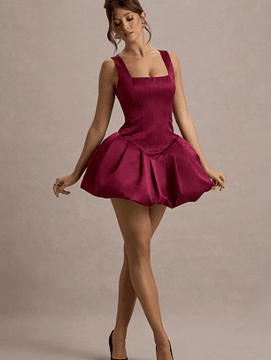 Bramble | Port Satin Square-Neck Puffball Mini Dress