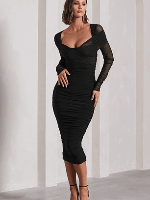Between The Lines | Black Ruched Mesh Long-Sleeved Bodycon Midi Dress