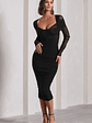 Between The Lines | Black Ruched Mesh Long-Sleeved Bodycon Midi Dress - thumbnail 1
