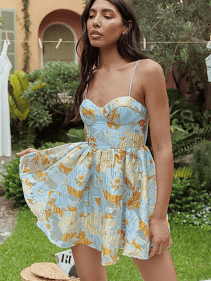 Belle Enchante Cami Strap Jacquard Mini Dress Blue