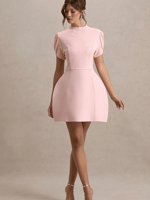 Carabella | Pink High-Neck Short-Sleeve Mini Dress