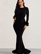 Betty | Black High Neck Long Sleeve Maxi Dress with Feather Cuffs - thumbnail 5