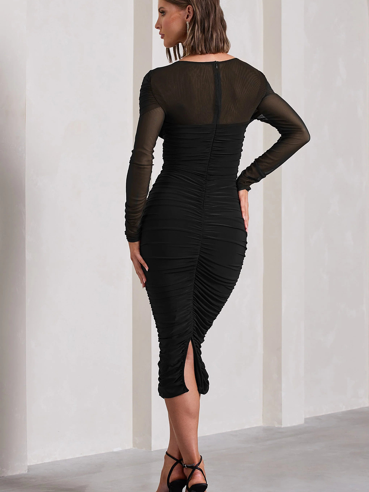 Between The Lines | Black Ruched Mesh Long-Sleeved Bodycon Midi Dress 2