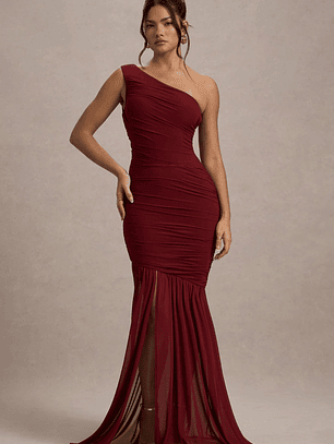 Bastia | Burgundy Ruched Mesh Asymmetric Maxi Dress