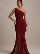Bastia | Burgundy Ruched Mesh Asymmetric Maxi Dress - thumbnail 1