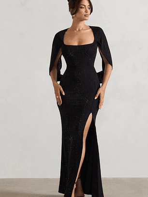 Broadway | Black Embellished Fishtail Maxi Dress With Cape Sleeves