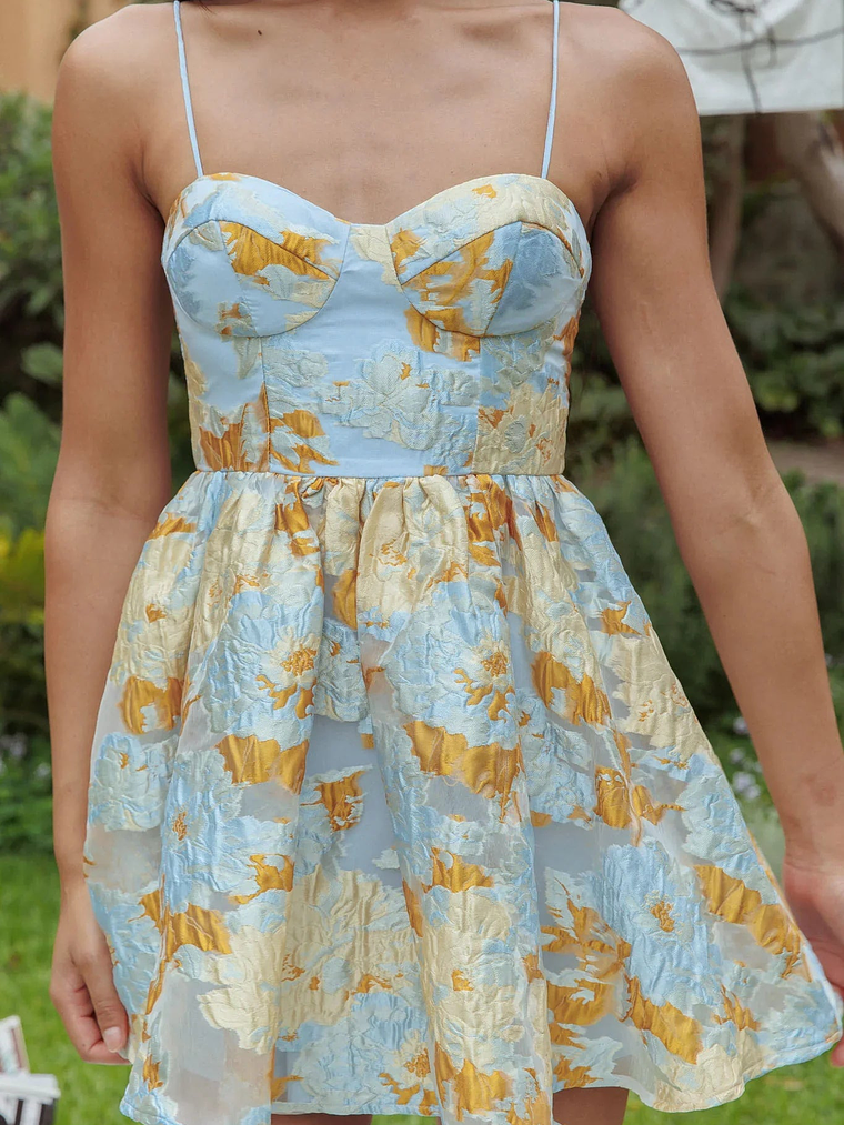 Belle Enchante Cami Strap Jacquard Mini Dress Blue 4