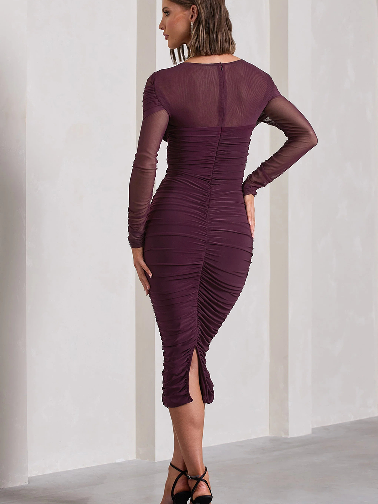 Between The Lines | Plum Ruched Mesh Long-Sleeved Bodycon Midi Dress 2