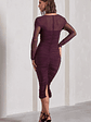 Between The Lines | Plum Ruched Mesh Long-Sleeved Bodycon Midi Dress - thumbnail 2