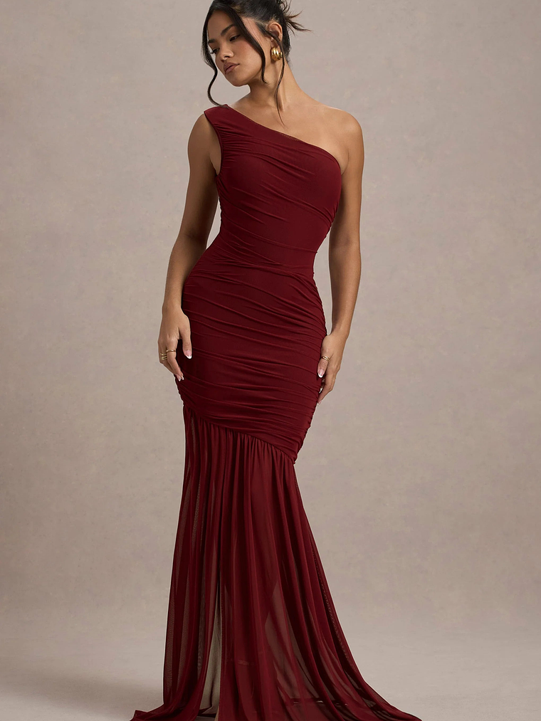Bastia | Burgundy Ruched Mesh Asymmetric Maxi Dress 4