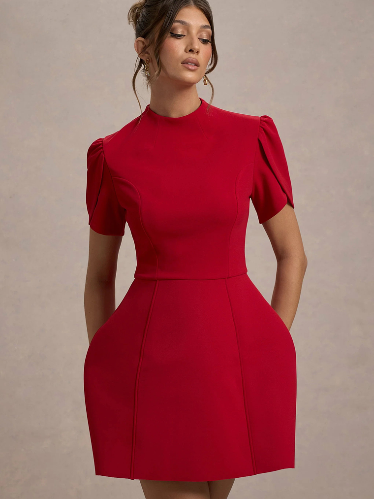 Carabella | Red High-Neck Short-Sleeve Mini Dress 3