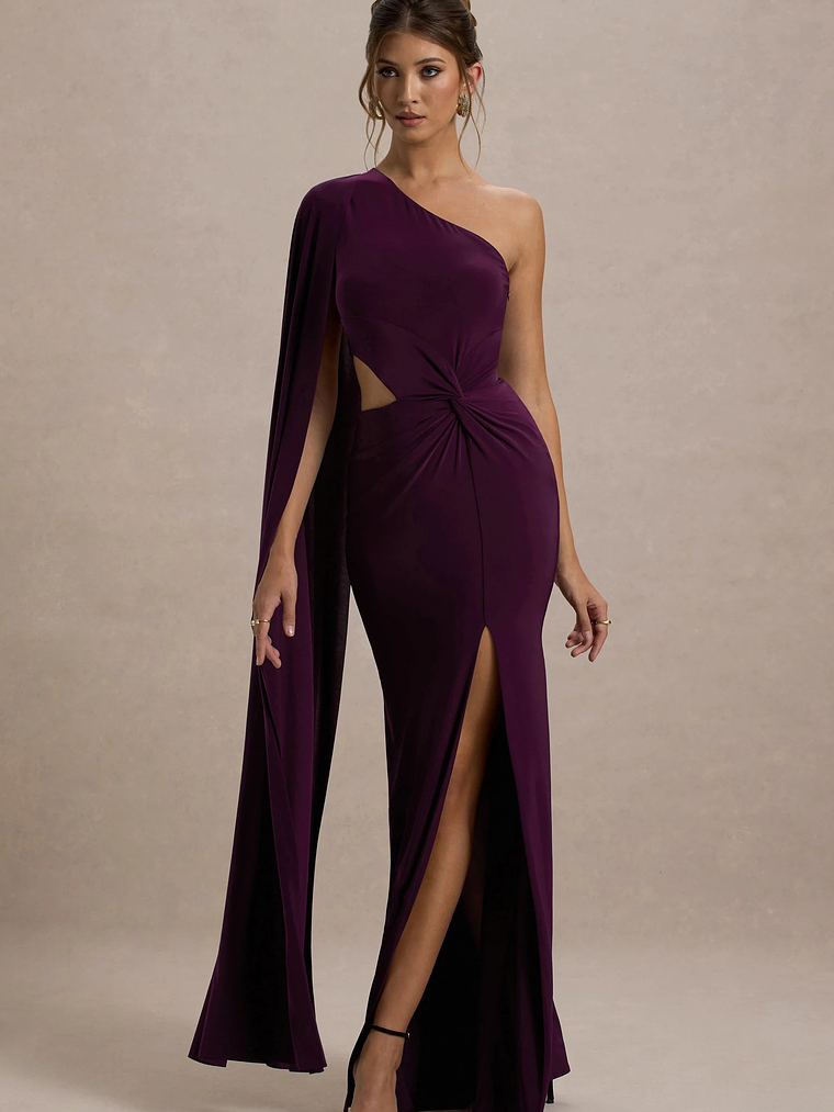 Brona | Plum One-Shoulder Cape-Sleeve Split Maxi Dress 1