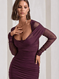 Between The Lines | Plum Ruched Mesh Long-Sleeved Bodycon Midi Dress - thumbnail 3