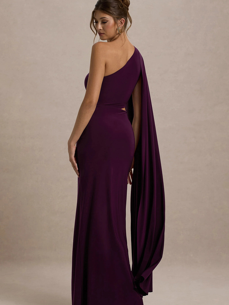 Brona | Plum One-Shoulder Cape-Sleeve Split Maxi Dress 2