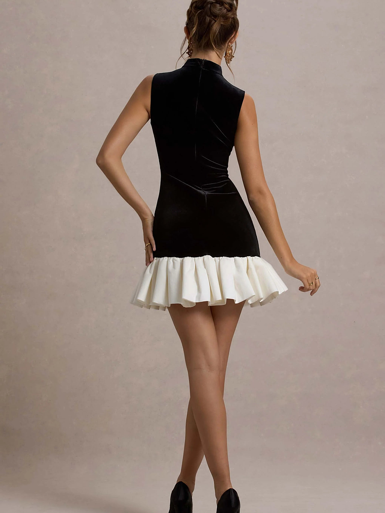 Baxter | Black & White Velvet Mini Dress With Satin Ruffle Trim 2