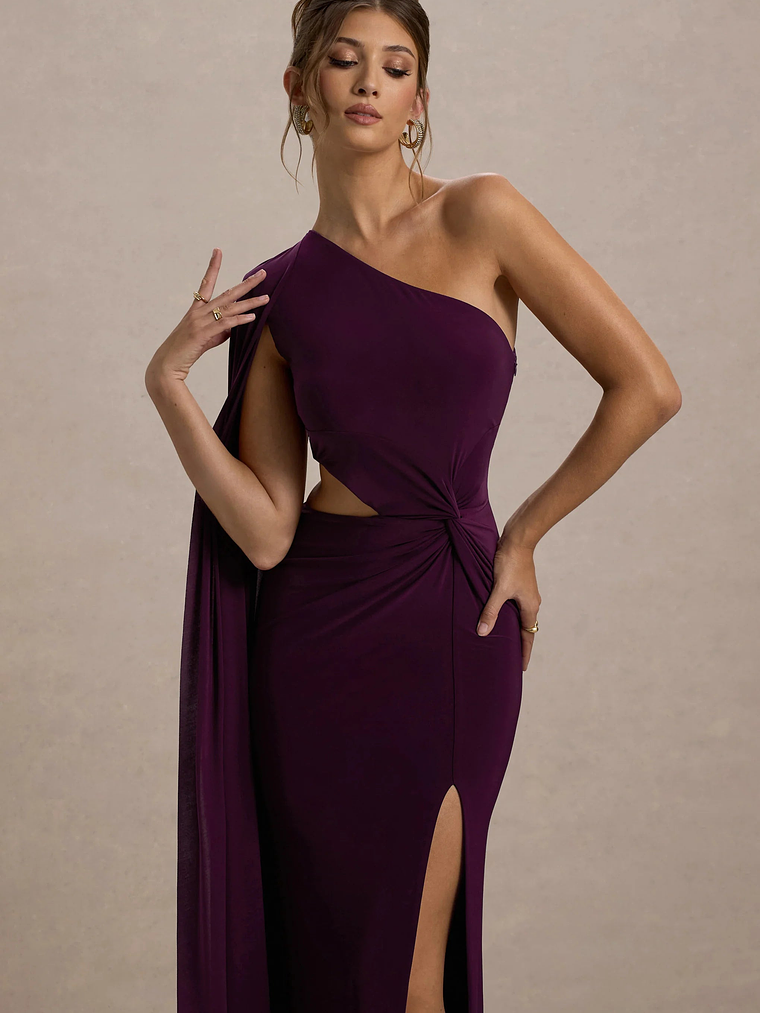 Brona | Plum One-Shoulder Cape-Sleeve Split Maxi Dress 3