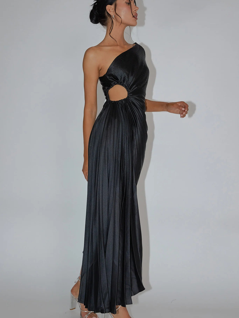 Brooklynn One-Shoulder Accordion Pleat Dress Black 3