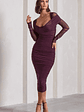 Between The Lines | Plum Ruched Mesh Long-Sleeved Bodycon Midi Dress - thumbnail 5