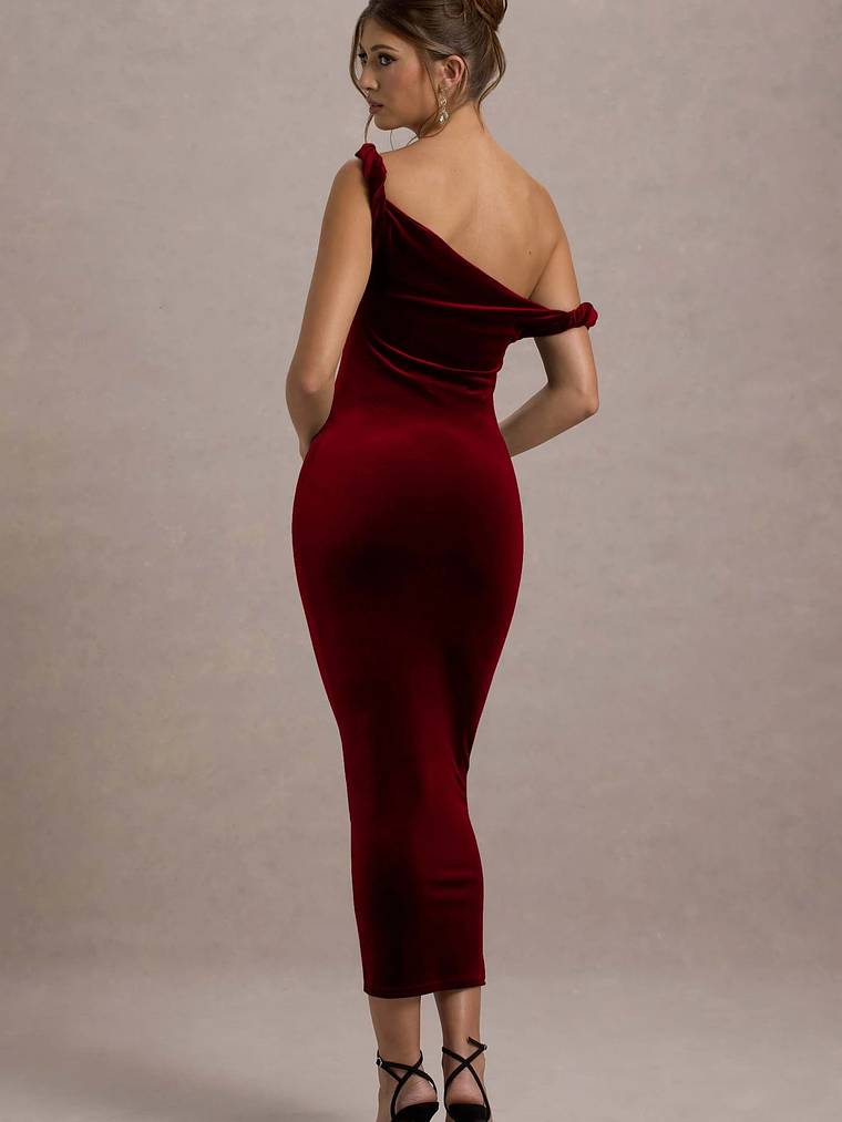 Carella | Berry Velvet Twisted Asymmetric Midi Dress 2