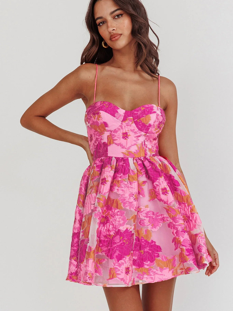 Belle Enchante Cami Strap Jacquard Mini Dress Pink 5