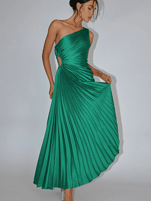 Brooklynn One-Shoulder Accordion Pleat Dress Kelly Green