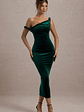 Carella | Bottle Green Velvet Twisted Asymmetric Midi Dress - thumbnail 1