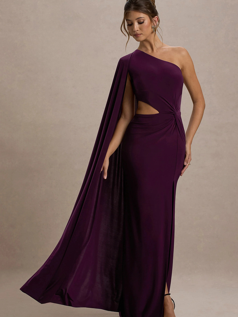 Brona | Plum One-Shoulder Cape-Sleeve Split Maxi Dress 5