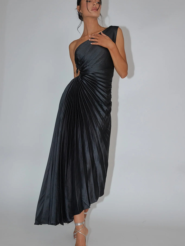 Brooklynn One-Shoulder Accordion Pleat Dress Black 5