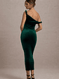 Carella | Bottle Green Velvet Twisted Asymmetric Midi Dress - thumbnail 2