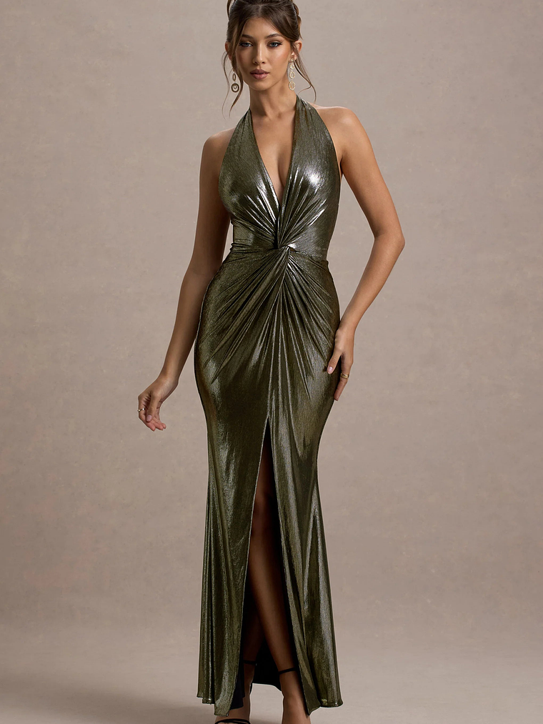 Carana | Gold Plunge-Neck Knotted Split Maxi Dress 6