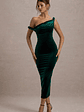Carella | Bottle Green Velvet Twisted Asymmetric Midi Dress - thumbnail 4