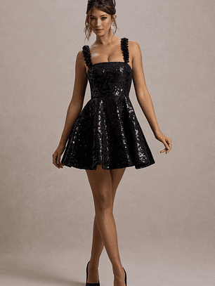 Carena | Black Sequin Lace Floral Skater Mini Dress