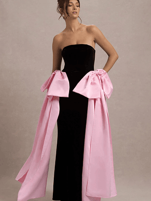 Attention | Black Strapless Maxi Dress With Pink Satin Bows