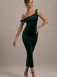 Carella | Bottle Green Velvet Twisted Asymmetric Midi Dress - thumbnail 5