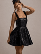 Carena | Black Sequin Lace Floral Skater Mini Dress - thumbnail 2