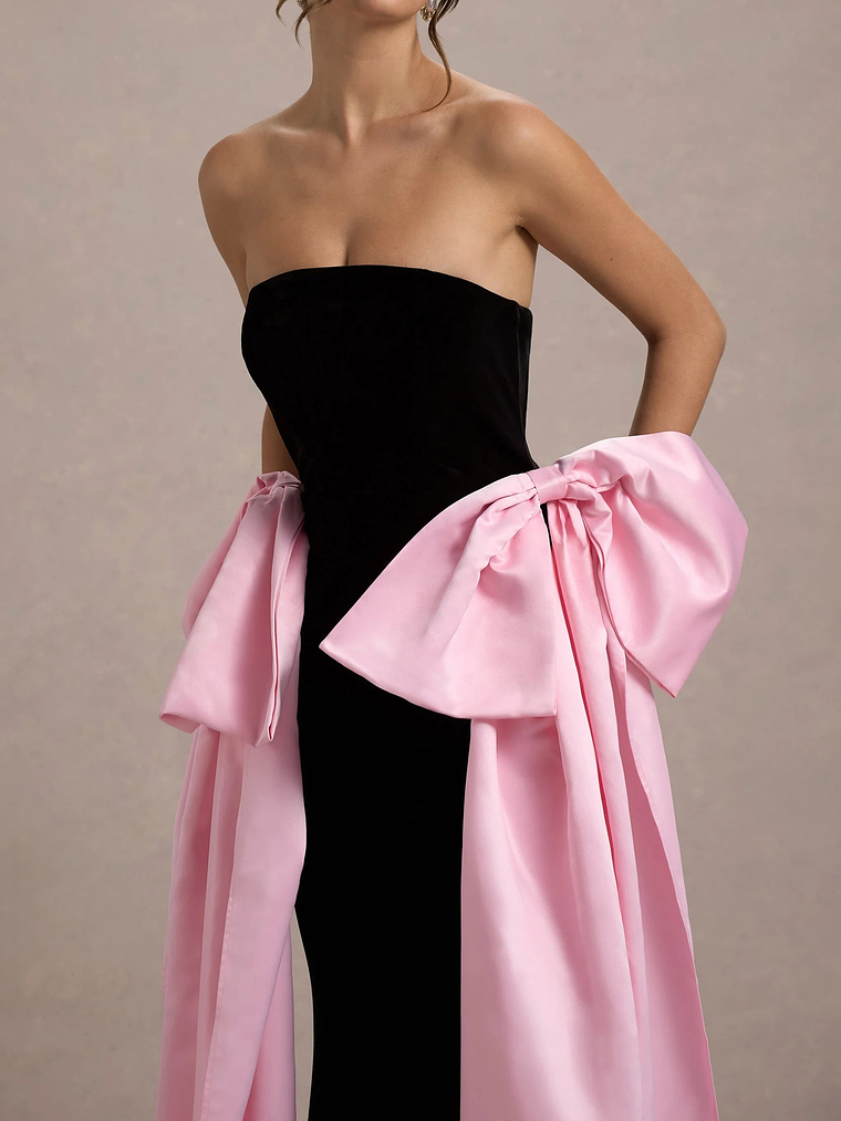 Attention | Black Strapless Maxi Dress With Pink Satin Bows 3