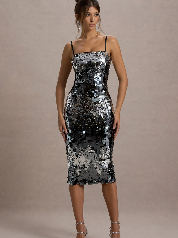 Azure | Silver Sequin Strappy Midi Dress 1