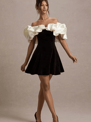 Brynne | Black & Cream Velvet Mini Dress With Satin Puff Sleeves