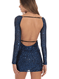 Blue Sequin Long Sleeve Open Back Bodycon Dress in Black - thumbnail 1