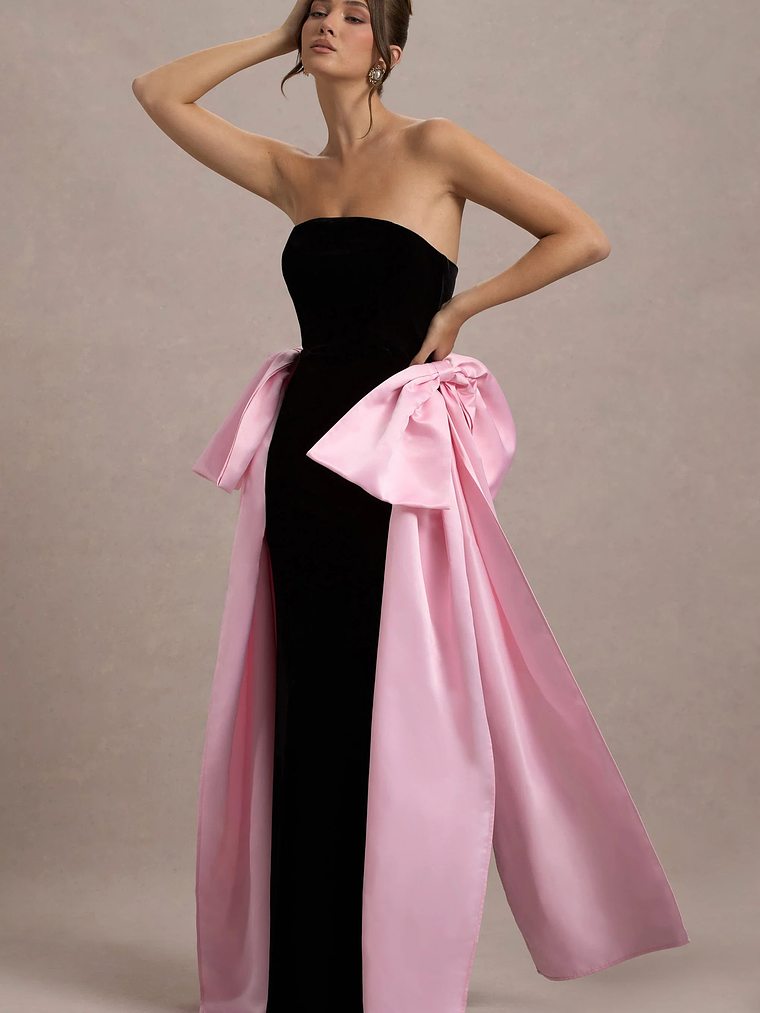 Attention | Black Strapless Maxi Dress With Pink Satin Bows 6