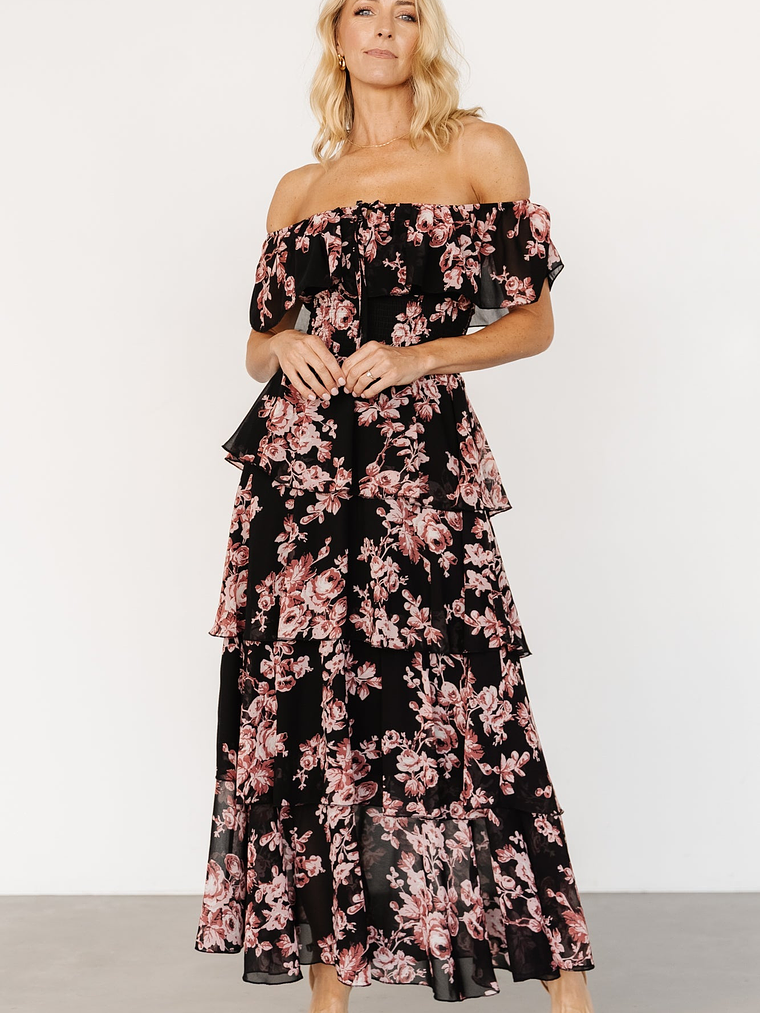 Carina Off Shoulder Maxi Dress | Black + Mauve Floral 1