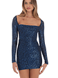 Blue Sequin Long Sleeve Open Back Bodycon Dress in Black - thumbnail 2