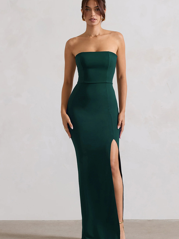 Belle of The Ball | Bottle Green Bandeau Maxi Dress With Split Hem 1