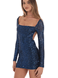 Blue Sequin Long Sleeve Open Back Bodycon Dress in Black - thumbnail 3