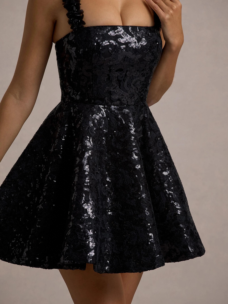 Carena | Black Sequin Lace Floral Skater Mini Dress 7